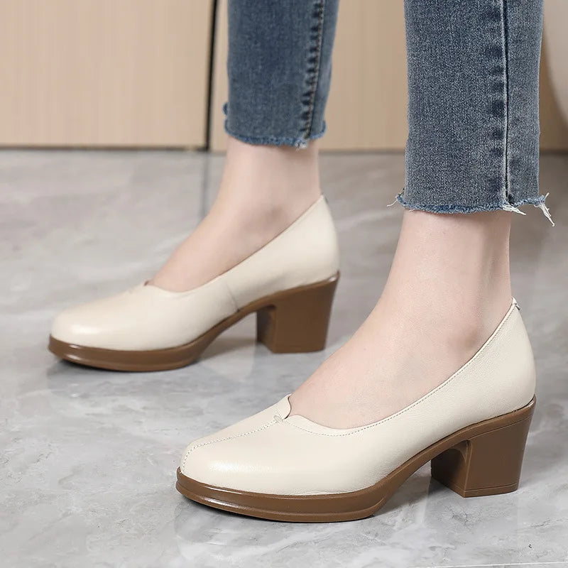 Manufacturer   New Fashion Women Pumps Round Toe Thick Heels Genuine Leather Shoes Woman Spring Summer Office Ladies Shoes Comfort   Pumps