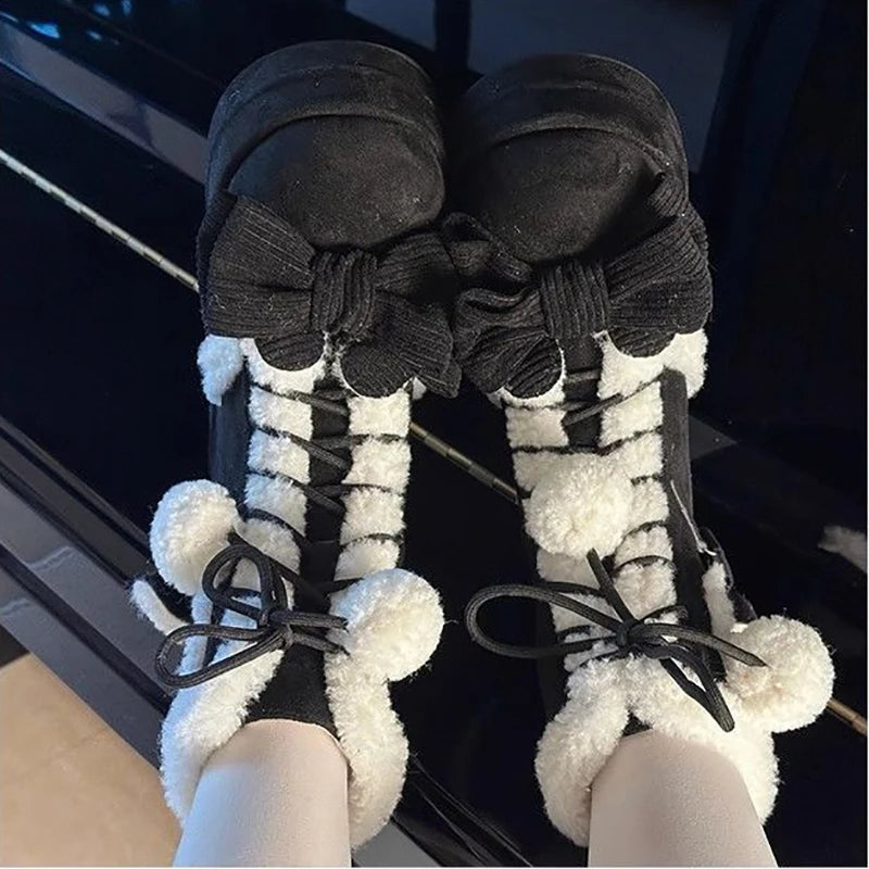 Manufacturer   Sweet Winter Girls Lolita Mid-Calf Snow Boots,Cute Female Students Plush Warm Bowknots Lace Up Wedge Heel Heightening Shoes   boots