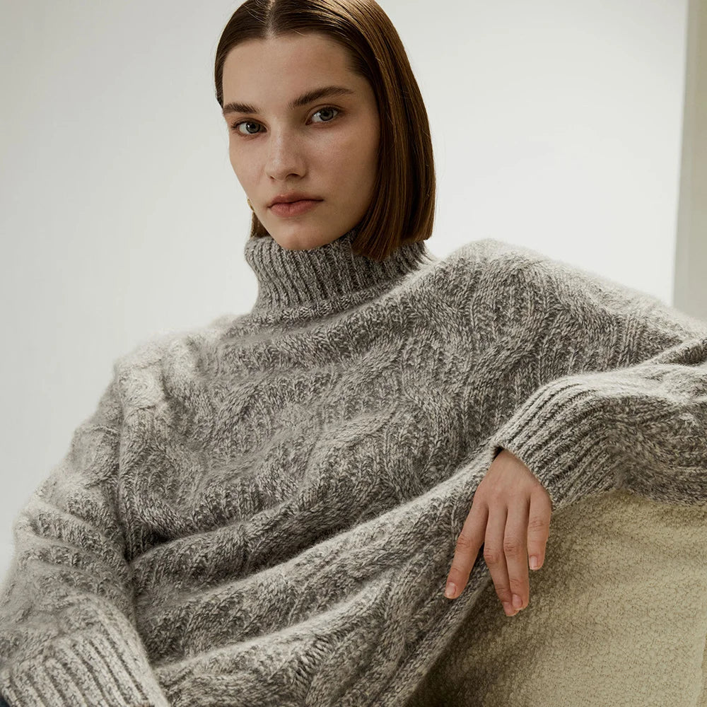 LILYSILK Women's Cable-Knit Cashmere Turtleneck Ladies Casual Dropped-shoulder Style Sweater with Ribbed Cuffs and Hem