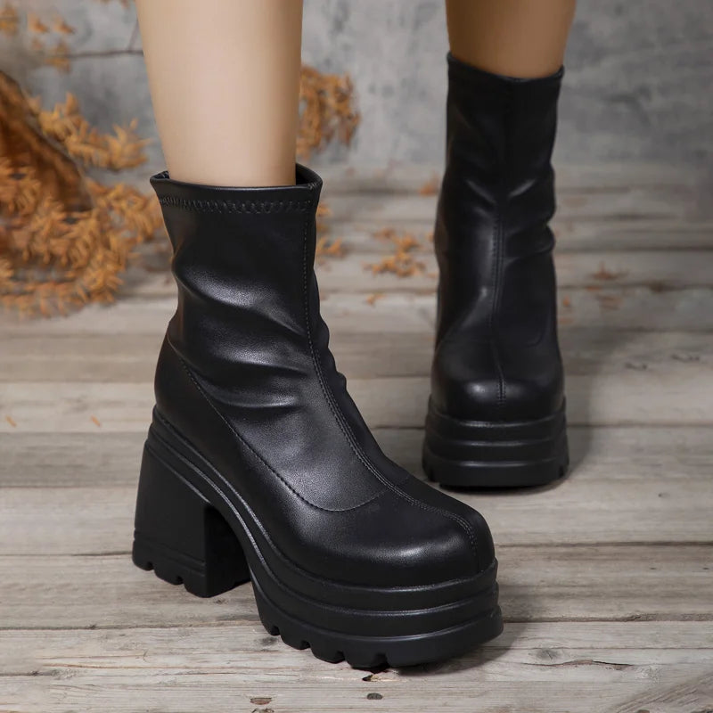 Manufacturer   Women New Fashion Short Boots Women Sexy Leather Boot Square toe casual Zipper high heels Casual thick soled women shoes Zapatos   boots