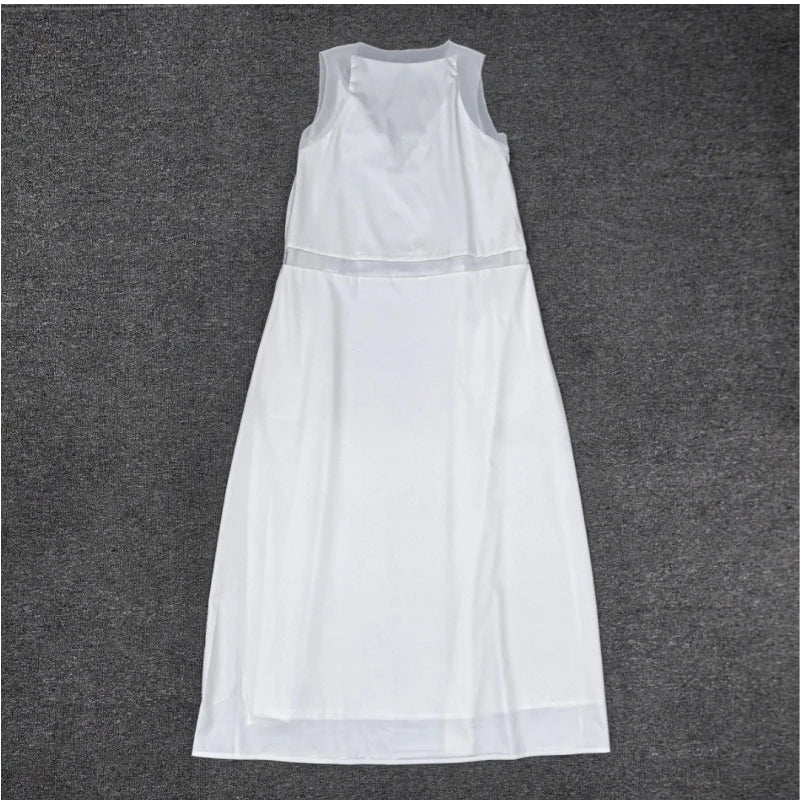 25 year spring/summer new product hollow transparent yarn splicing V-neck sleeveless long dress