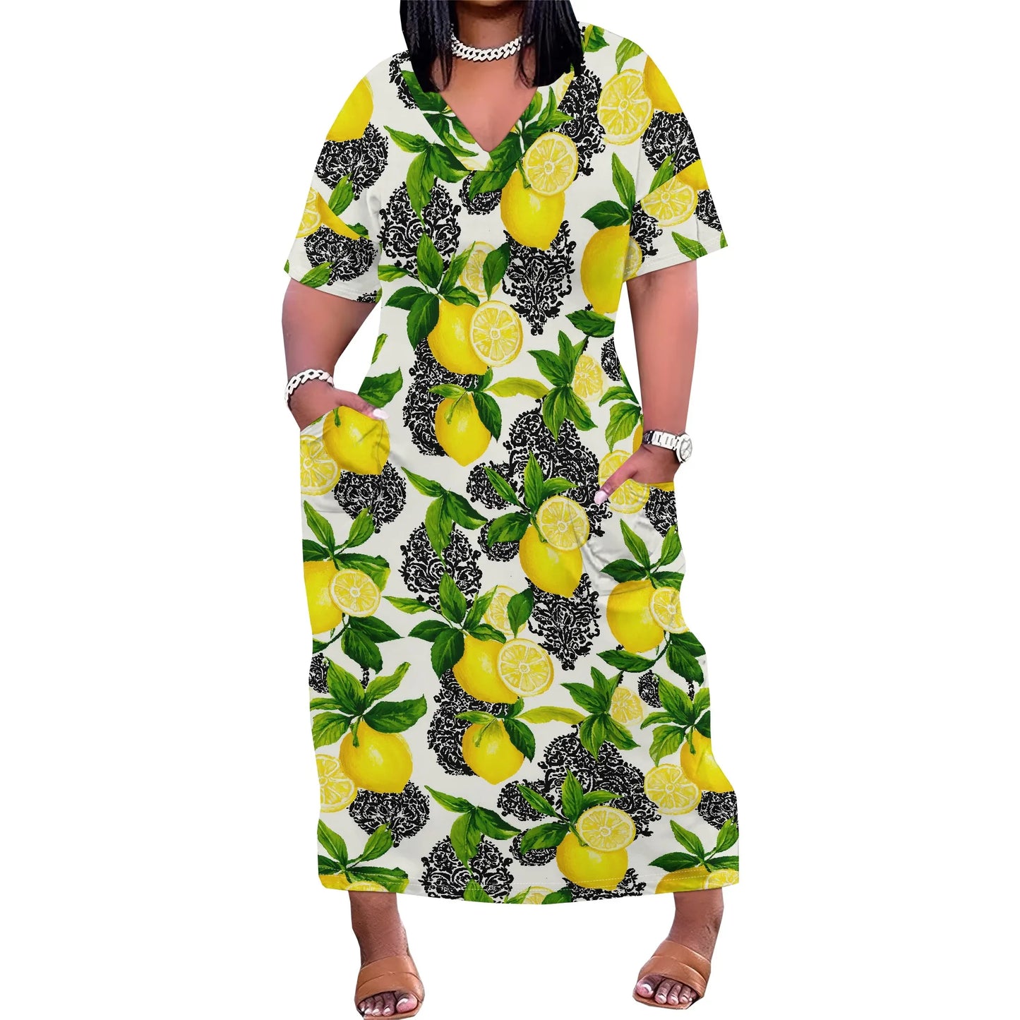 Women's Plus Size African Print Dresses Casual Loose Pocket Short Sleeve Long Maxi Dress