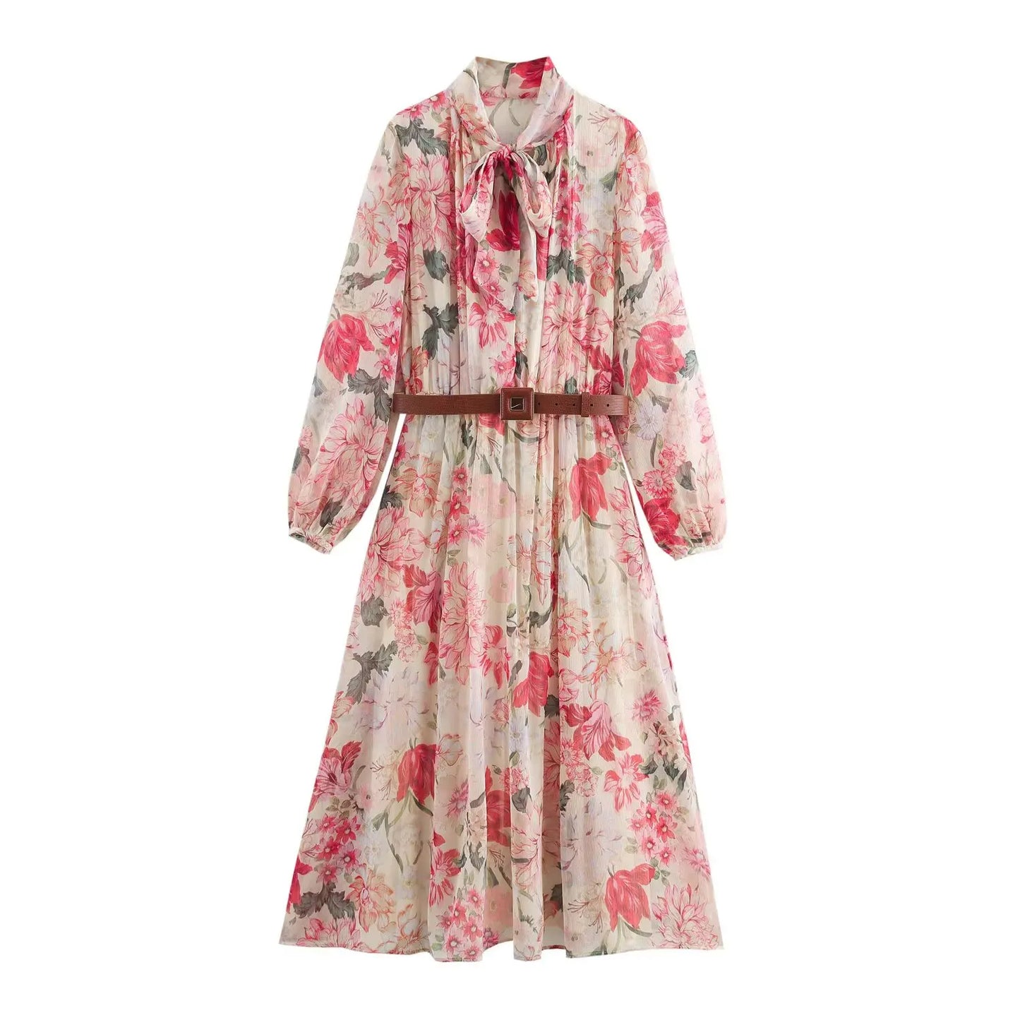 New Women's Long Sleeve Dress with Neck Tie Design Belted Waist and All - over Floral Pattern for Casual Wear