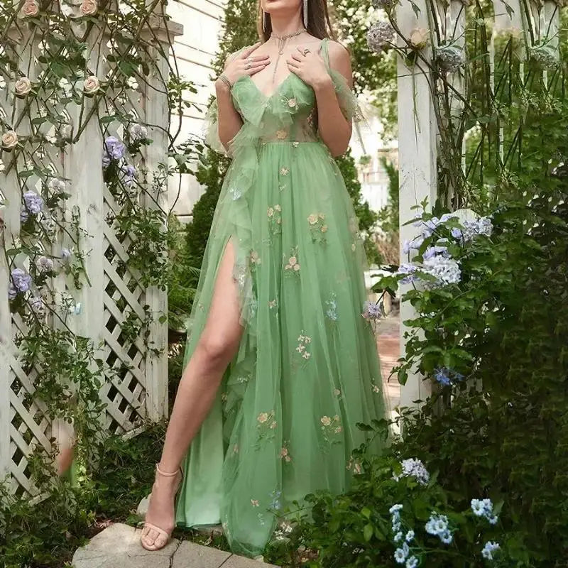 Women's Lace Embroider Flowers Pom Dress Ruffles Spaghetti Strap Backless Wedding Guest Formal Gowns Long Split Party Dresses