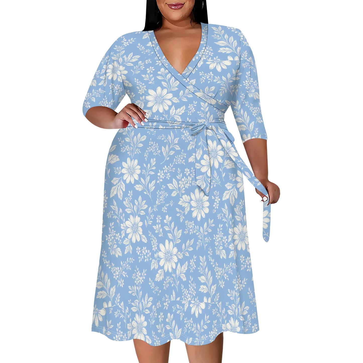 Women's Floral Print Maxi Dresses Summer with Pockets Casual 3/4 Sleeve V-Neck Wrap Tie Waist Long Dress