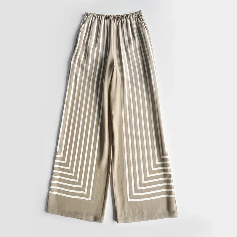 Women Geometric Striped Print Trousers 100% Silk Female Loose Elastic Waist Wide Leg Casual Long Pant Summer New
