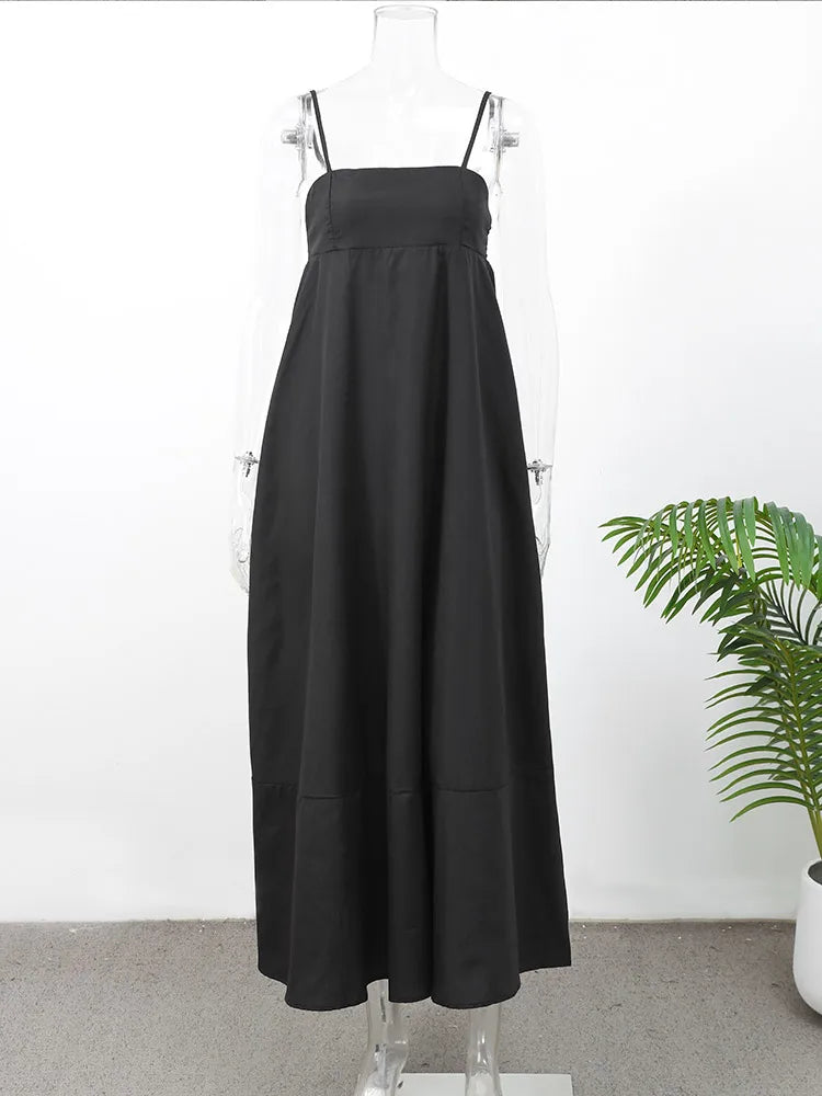 Black Backless Sling Long Dress Women Casual Loose Square Neck High Waist Vestidos  Chic Summer Lady Vacation Street Robe