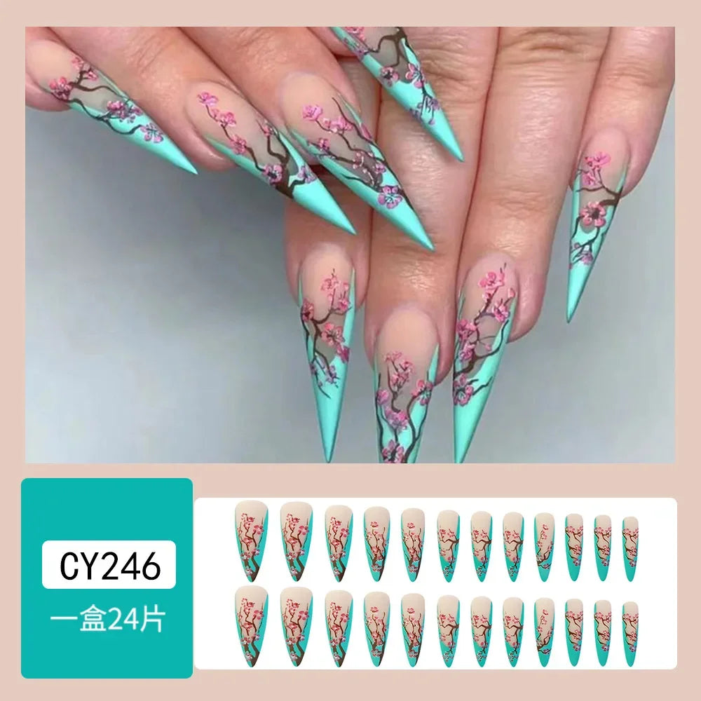 24Pcs Halloween Black Ghost Long Ballet False Nails Wearable French Ballerina Fake Nails Press On Full Cover Manicure Nail Tips