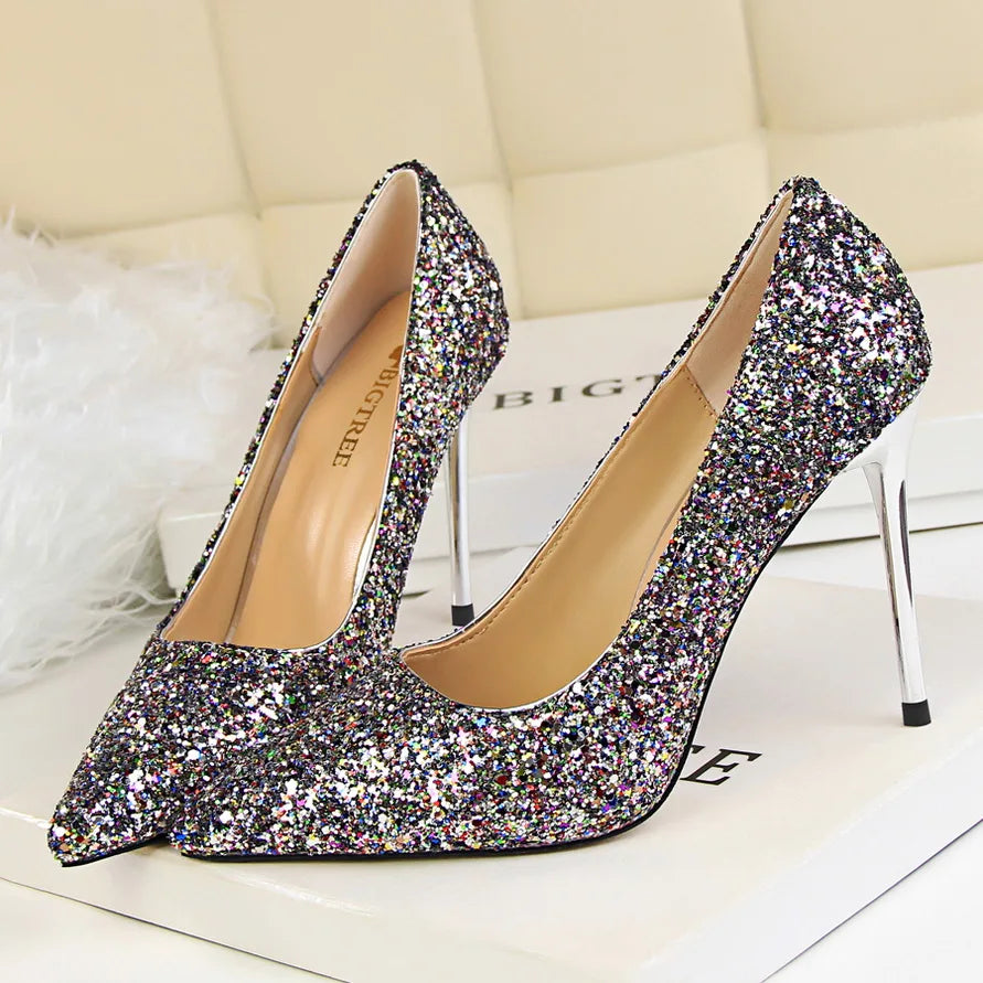 Manufacturer   Women 7cm 9.5cm High Heels Pumps Wedding Bridal Scarpins Sparkly Mid Heels Lady Party Sequins Glitter Evening Gold Silver Shoes   Pumps