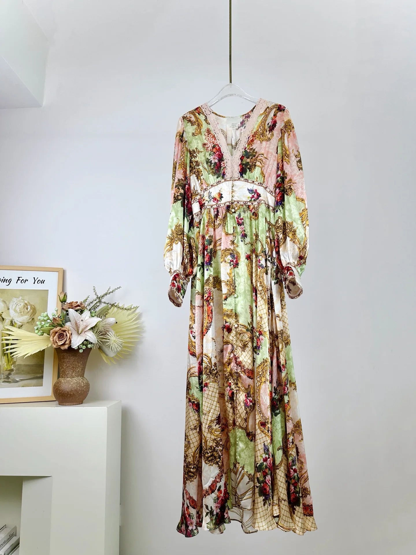 Women 100% Silk Lace Patchwork Crystal Beaded Waist Digital Retro Print V-Neck Long Sleeve Maxi Dress