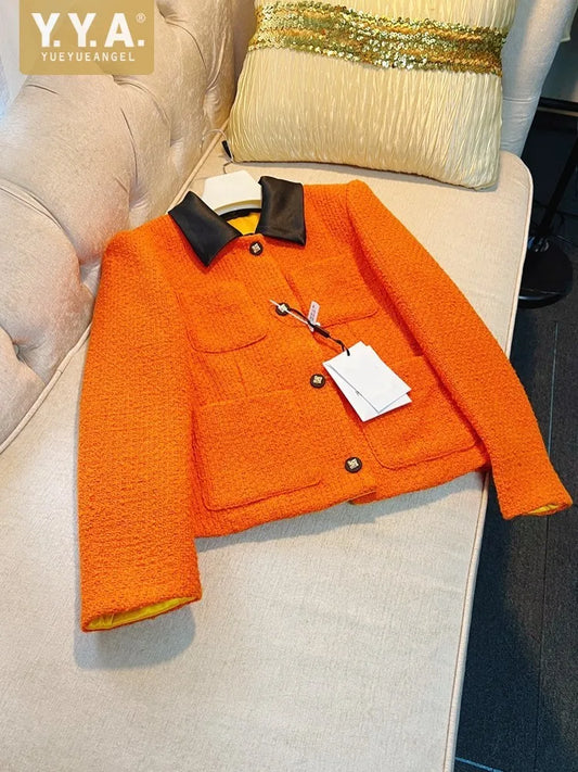 Top Quality Elegant Women Autumn Orange Wool Jacket Office Ladies Work Coat Single Breasted Party Straight Woolen Jacket Outwear