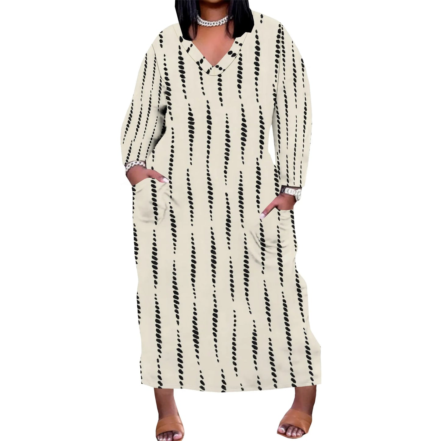 Women's Long Sleeve Plus Size Polka Dot Print Maxi Dress V Neck with Pockets Dress Loose Casual Autumn Outfit