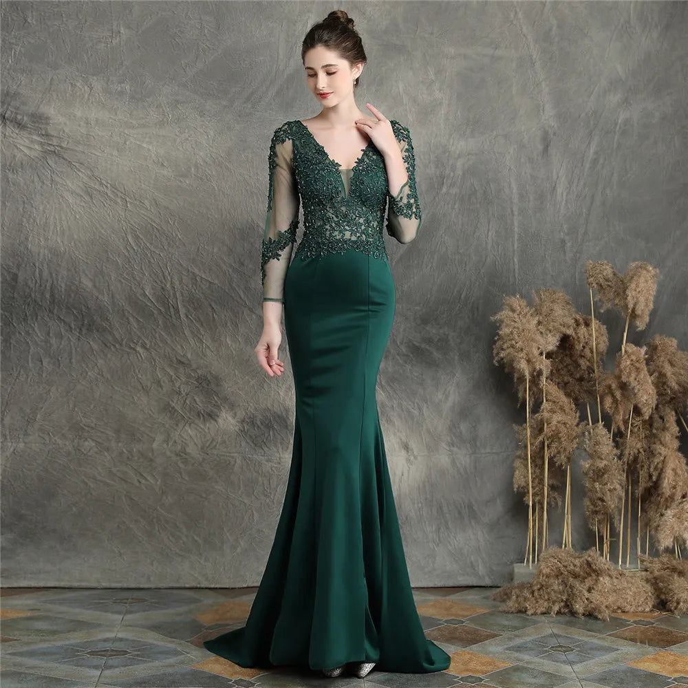 Cusomized V-Neck Floral Lace Handmade Applique Beaded Fishtail Dress Long Sleeve  Dress Wedding Party Evening Dress For Women