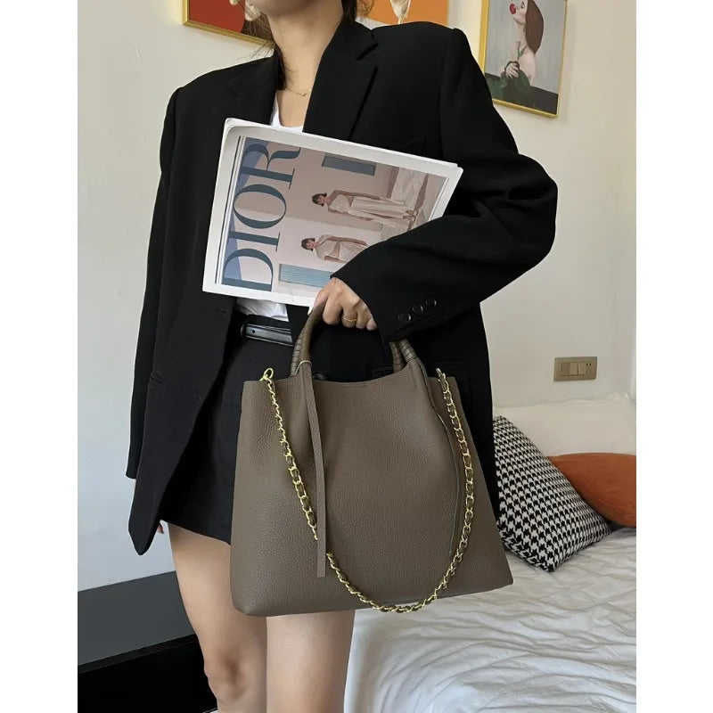 New Leather Women's Bag First Layer Cowhide Coarse Lychee Pattern Fringed Chain Large Empty Capacity Tote Portable Shoulder Bag