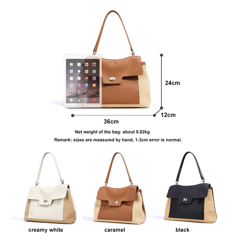 Summer Women's Raffia Woven Tote Bag Split Leather Crossbody Straw Messenger Bag Grass Weaving Shoulder Bag for Ladies New