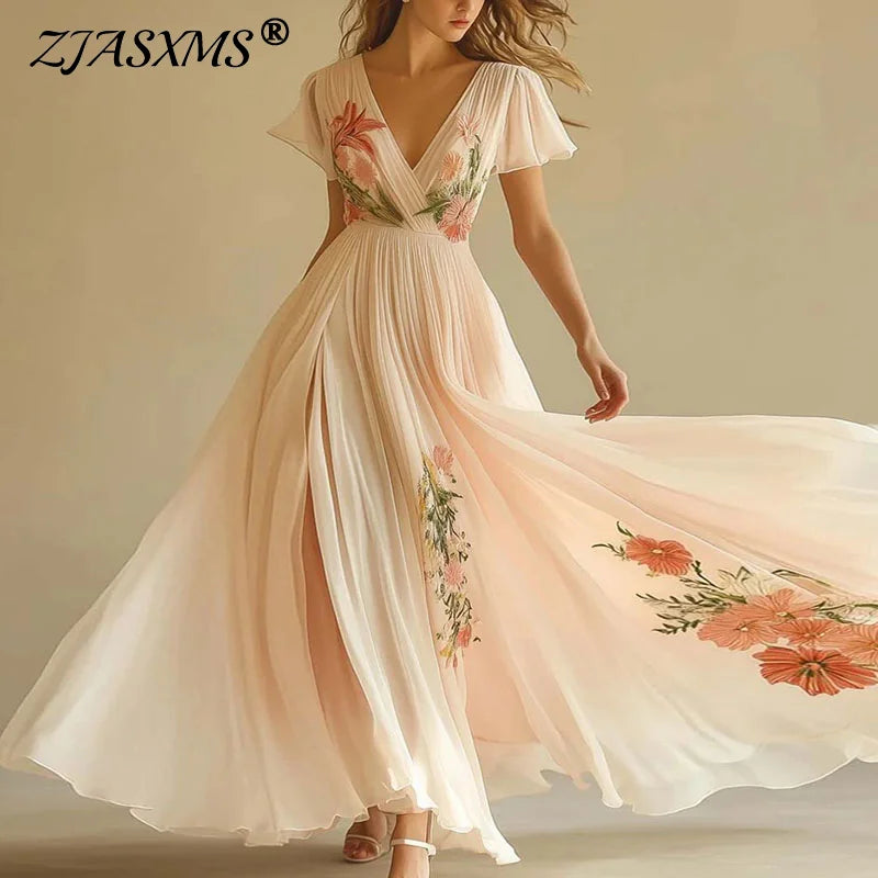 Woman Sexy V Neck Short Sleeve Long Robe New Summer Elegant Printed Pattern Folds Party Dresses Retro High Waist Boho Dress