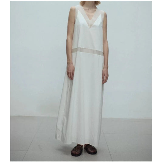 25 year spring/summer new product hollow transparent yarn splicing V-neck sleeveless long dress