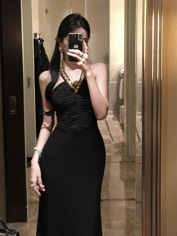 Vintage Women's Black V-neck Sequin Off Shoulder Sleeveless Backless Halter Dress Summer Sexy Club Party Elegant Long Dres Trend