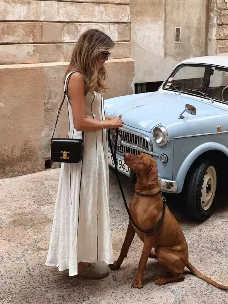 Women's French Commuter Striped Dress U-neck Sleeveless Off-shoulder Suspenders Casual Long Dress Fall Female Chic Party Dresses