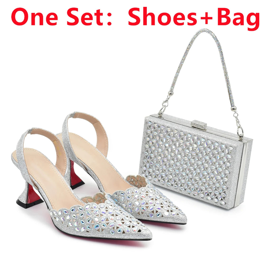 Manufacturer   Silver Color Shoes and Bag for Party Wedding Luxery Women Shoe and Bag Set for Nigeria Party Italy Elegant Woman Heeled Pumps   Pumps