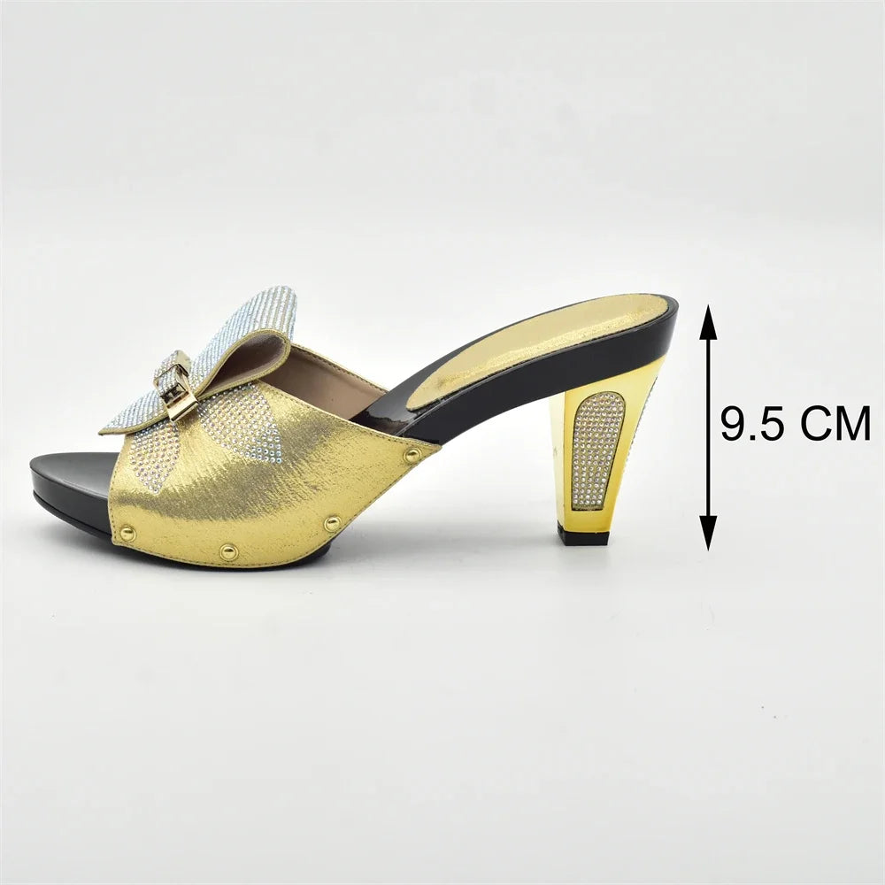 Manufacturer   Gold Color Women Slippers Shoes African Women Wedding Shoes Elegant Italian Woman Shoes with Stone High Heels Woman Summer Pumps   Pumps