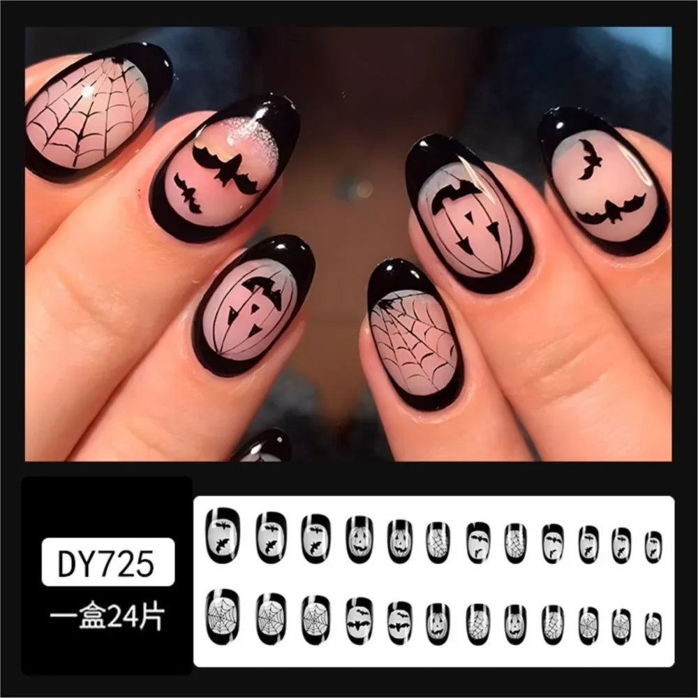 24Pcs Halloween Black Ghost Long Ballet False Nails Wearable French Ballerina Fake Nails Press On Full Cover Manicure Nail Tips