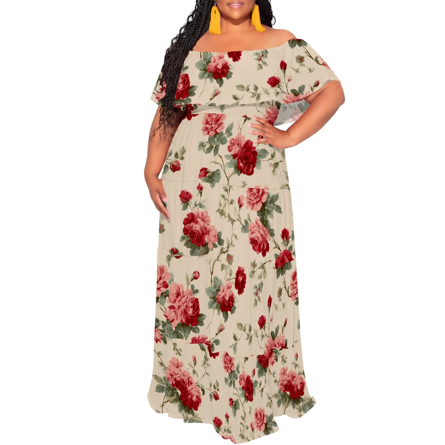 Womens Off The Shoulder Dress Summer Casual Long Ruffle Party Side Split Beach Maxi Dresses with Pockets