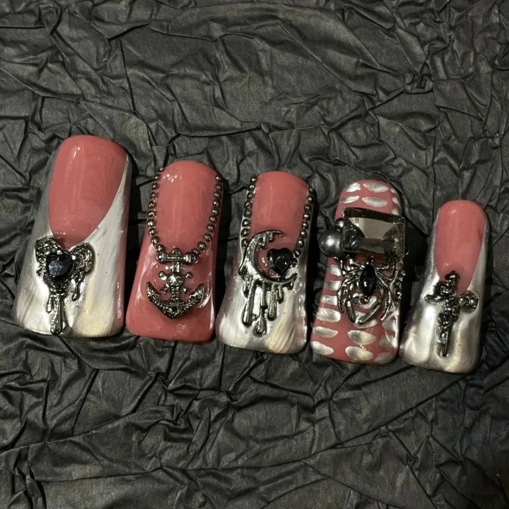 10 Pcs Handmade Manicure Medium Duck Fake Nails Cute French Nails Press On False Nails 3D Art Design with Adhesive Nail File Set