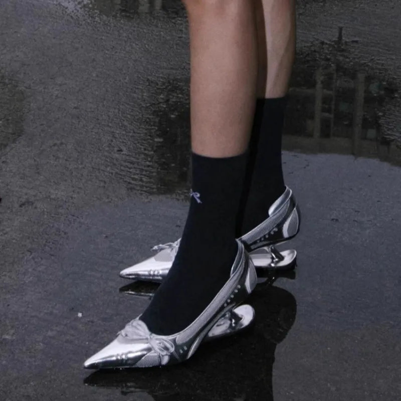 Manufacturer   Special Heel Spliced Heels Pointed Toe Heels Women's Fashion Shallow Mouth Bow Non-Slip Mary Jane Single Shoes   Pumps