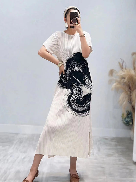 TIANPEI Pleated Ink Painting Printed Dress Fall  Summer New Large Size Long Elegant Slit Dress Designer Clothing
