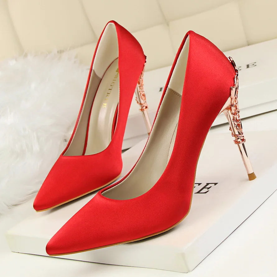 Manufacturer   Woman Metal Heels Satin Silk Dress Fashion Pumps Lady Wedding Bridal Catwalk Orange Green Wine Red Pointed Tip Shoes 9219-2   Pumps