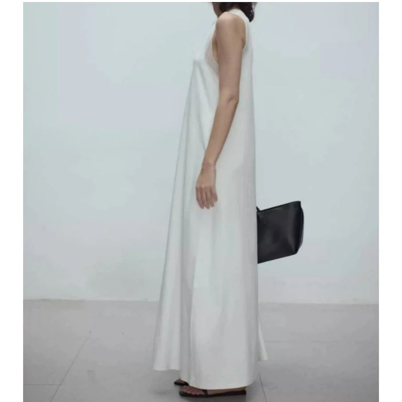 25 year spring/summer new product hollow transparent yarn splicing V-neck sleeveless long dress