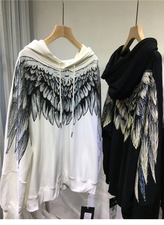Loose Pullovers Top Plus Size Beading Wings Fashion Design Women Runway High Street Hoodies Casual  sweater
