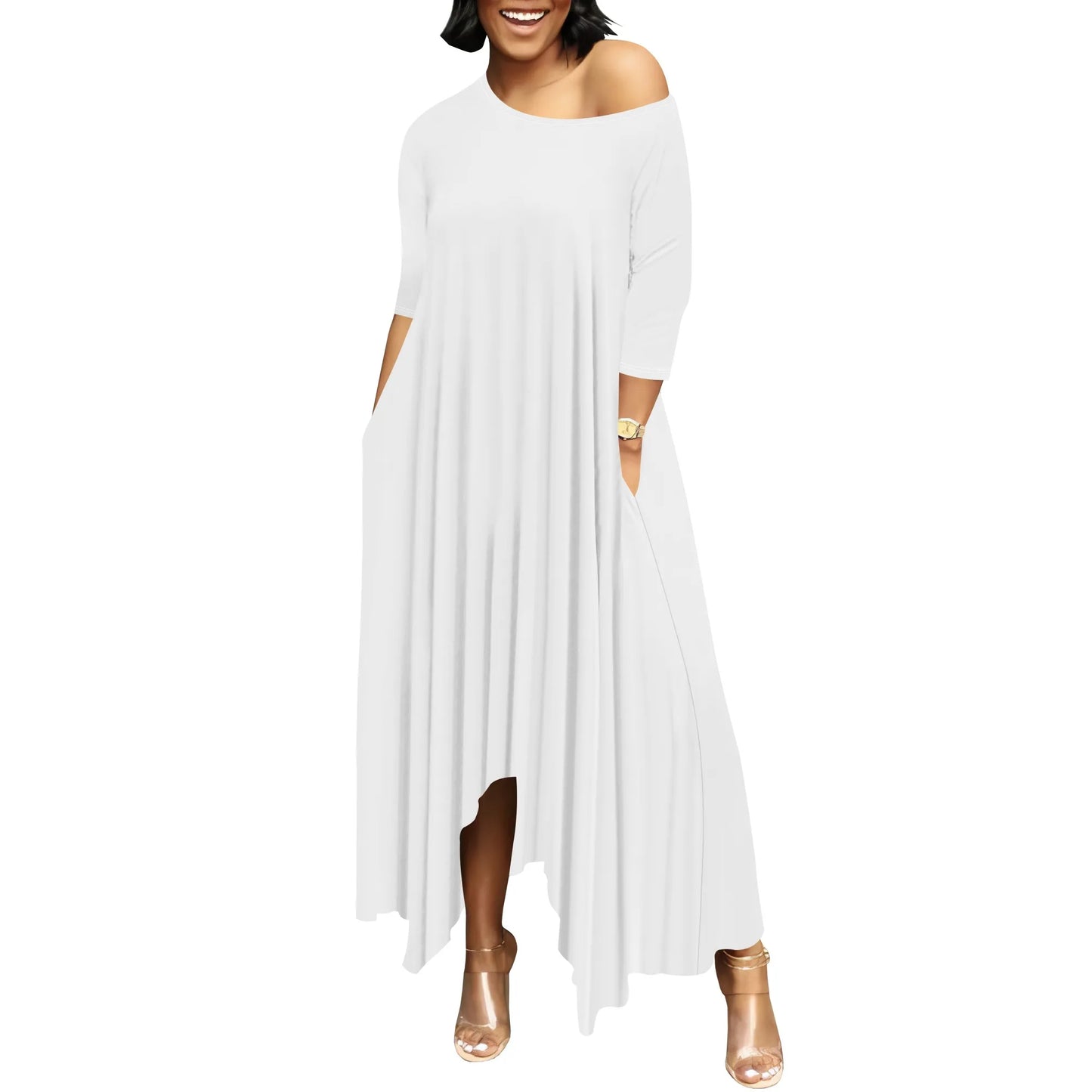 Women One Shoulder Sleeve Printed Dress High Waist Split Party Cocktail Long Dress