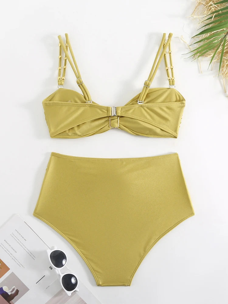 Solid Color Women's Bikinis Trend  Sexy High Waisted Split Swimsuits Elegant Backless Beach Outfit with Cover Up Nylon Skirt