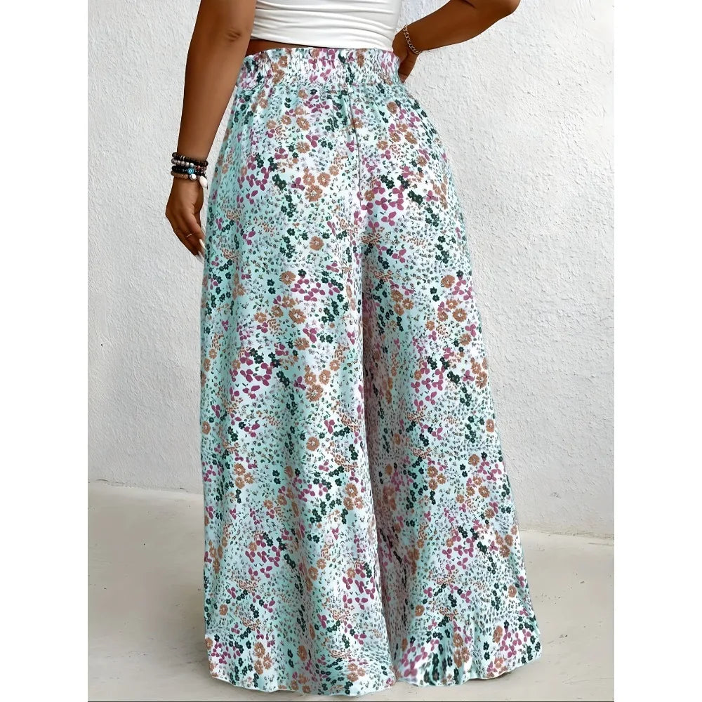 Plus Size 1XL-5XL Women Fashion Floral Print Wide Leg Pants Female Casual  Elegant Drawstring High Waisted Loose Long Trousers dress