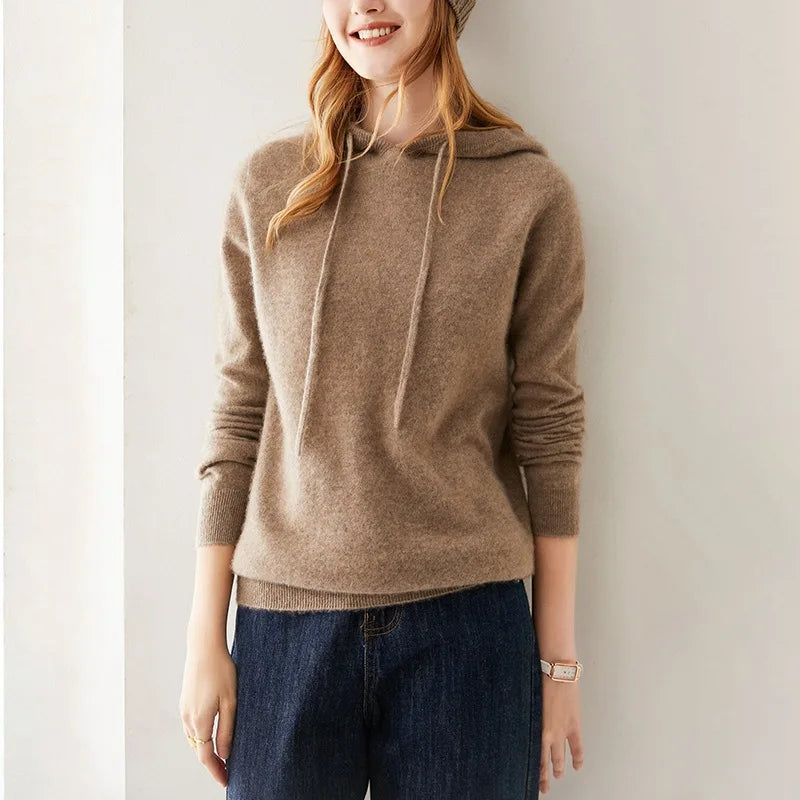 Seamless Real Cashmere Pullovers Sweater Autumn Winter Women 100% Cashmere Knitted Hooded Knitwear Casual Long Sleeve Jumper