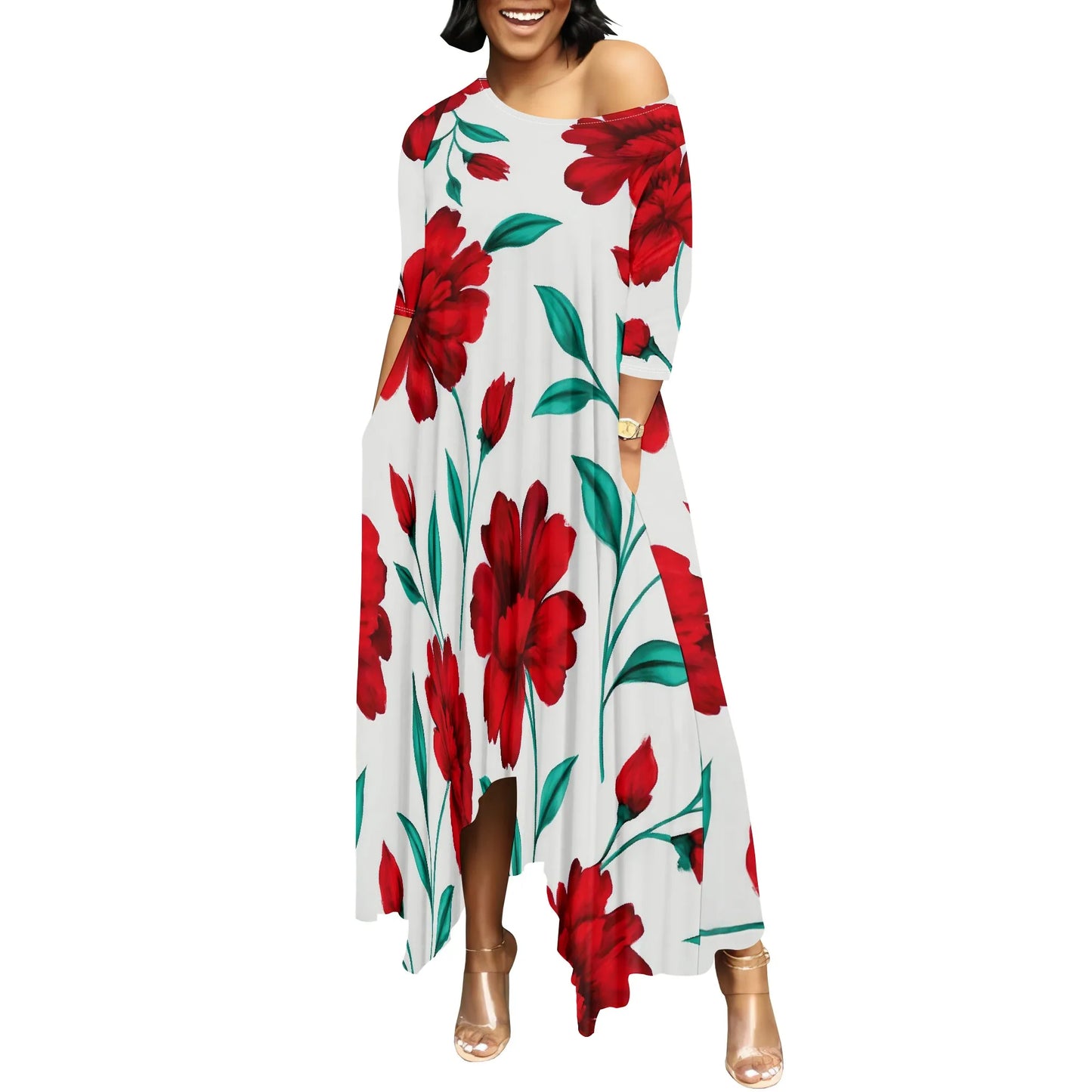 Women One Shoulder Sleeve Printed Dress High Waist Split Party Cocktail Long Dress