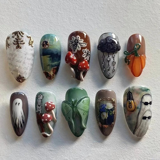 Handmade Press On Nails Halloween Carnival Horror Theme 3D Medium Almond Fake Nails Cute Ghost Design Art DIY Nails with Set