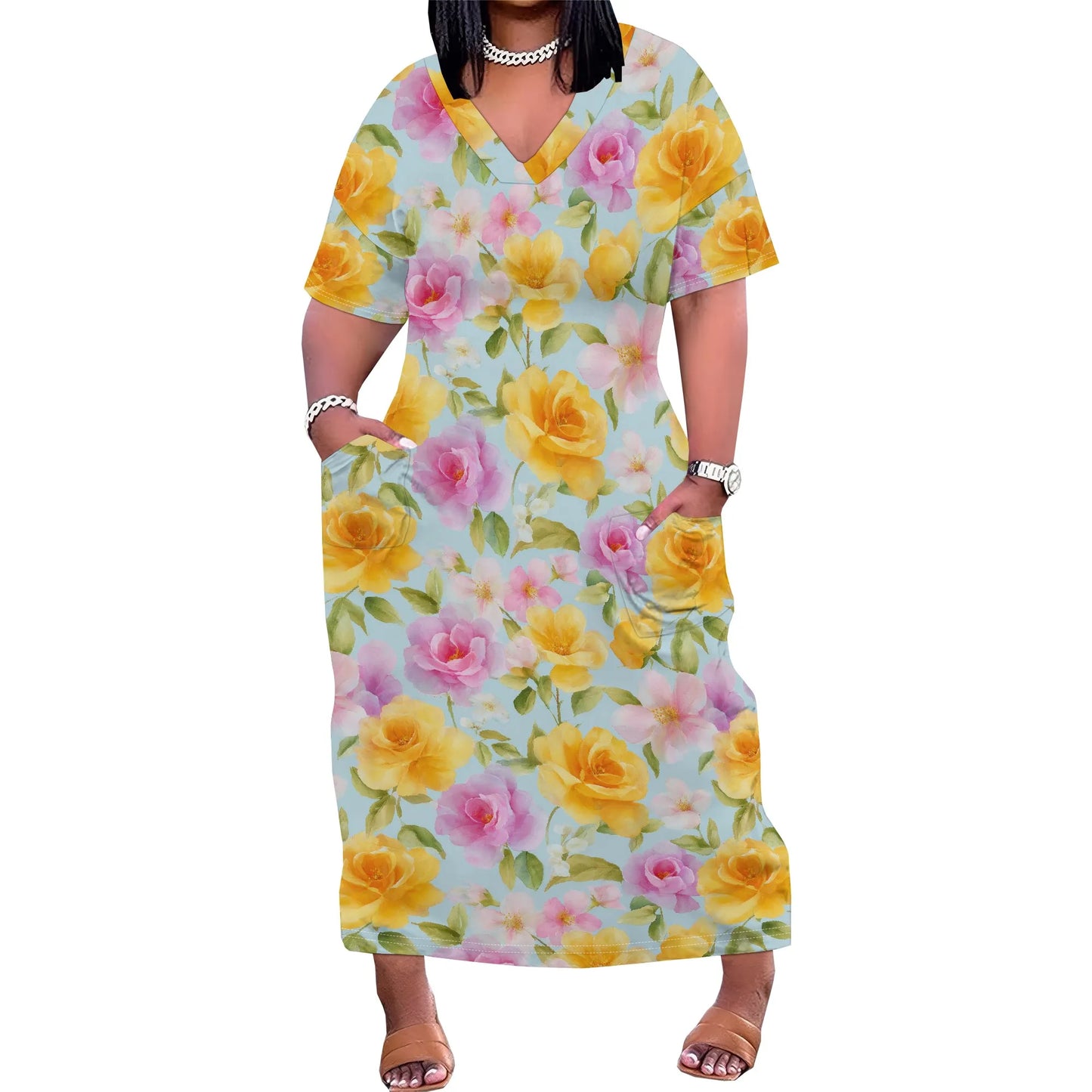 Women's Plus Size African Print Dresses Casual Loose Pocket Short Sleeve Long Maxi Dress