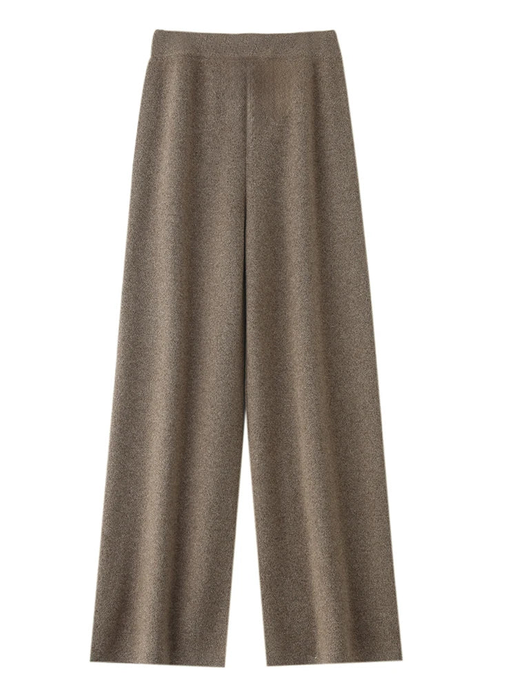 Women 100% Merino Wool Knitted Wide Leg Pant Autumn Winter Basic Soft Warm Cashmere Knit Trousers Casual Simple Fashion Style
