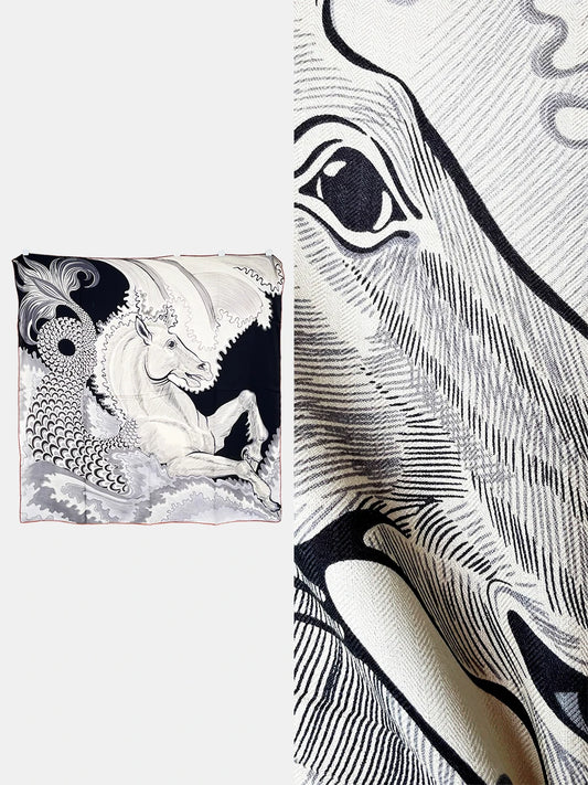 Horse Print Wool Silk Cashmere Scarf Women Luxury Brand Winter Scarfs Women Handrolled Edges Shawls Oversized Stole Foulard