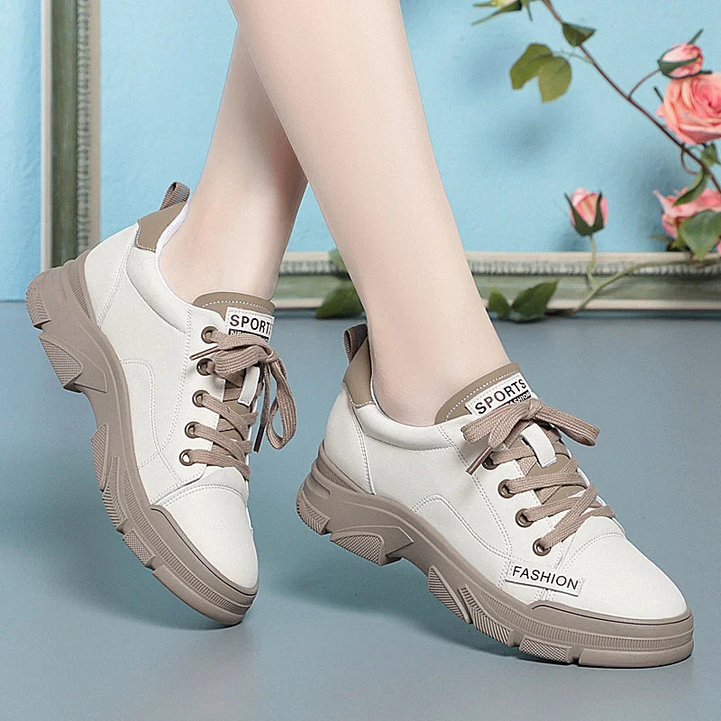 Manufacturer   Spring Women Non-slip Soft Leather Sneaker Trekking Footwear New Thick-soled Lace-up Leisure Skateboard Sports Shoes    Sneakers
