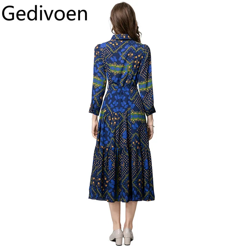 Gedivoen Fashion design Women's Summer Dress Turn-Down Collar Single-Breasted Chic Print Dresses With Long Sleeves