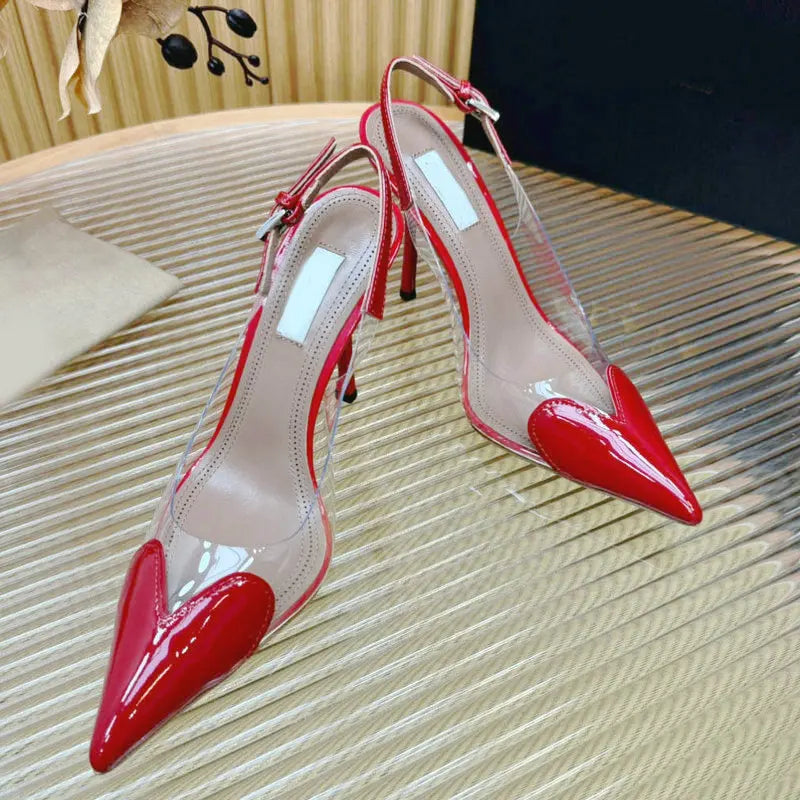 Manufacturer  New Pointy Peach Heart Fine Heel Shoes Sexy Pvc Transparent Film Black Patent Leather High Heel Overhead Sandals   Pumps