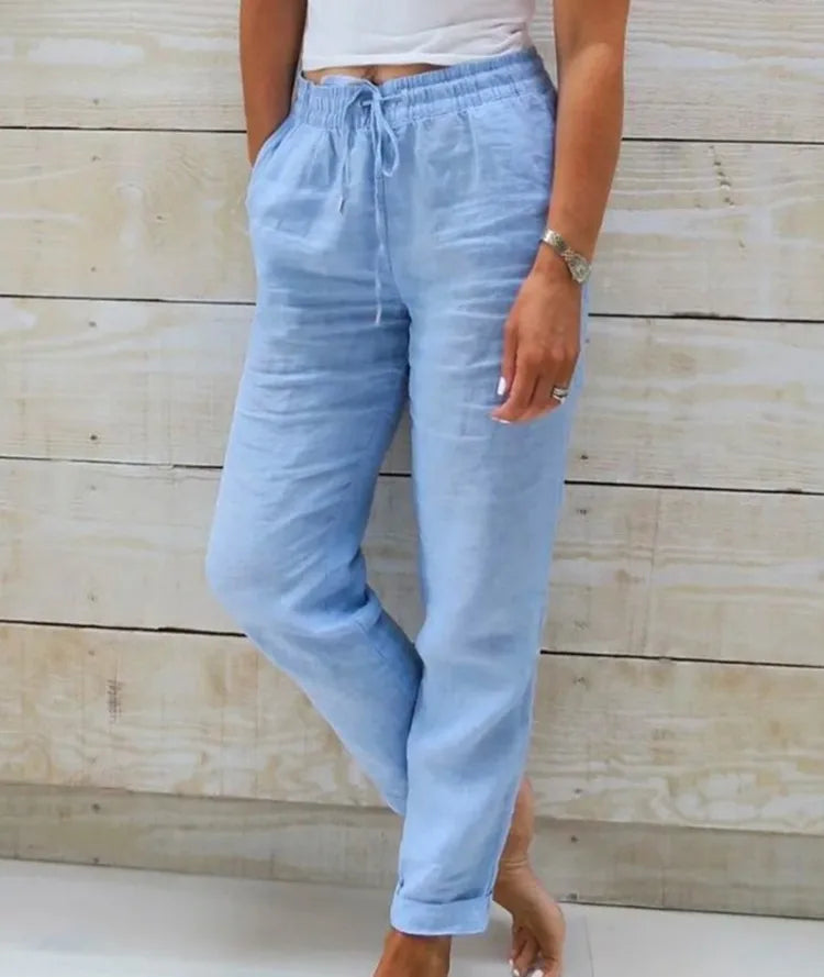 Cotton Linen Summer Pants for Women High Waist Elastic Casual Trousers Streetwear Solid Female Clothes  Loose Pencil Pants
