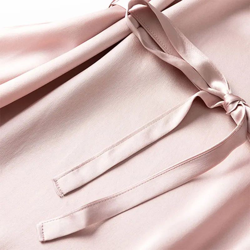 Women Midi Dress 100% Mulberry Silk 20 Momme Crew neck belted waist Solid Color Light Pink A Line Long Dress