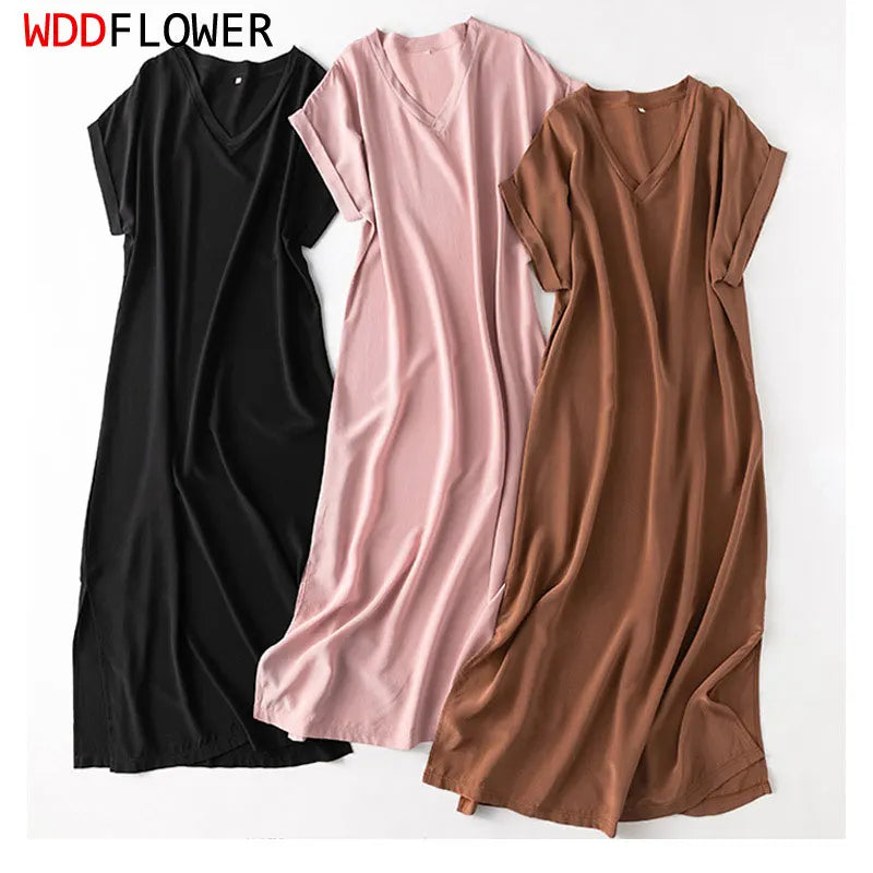 Women 100% Mulberry Silk 19 momme Thick Crepe Silk Midi Dress V neck Short Sleeve Side Slit Long Dress
