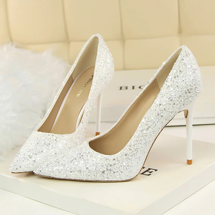 Manufacturer   Women 7cm 9.5cm High Heels Pumps Wedding Bridal Scarpins Sparkly Mid Heels Lady Party Sequins Glitter Evening Gold Silver Shoes   Pumps