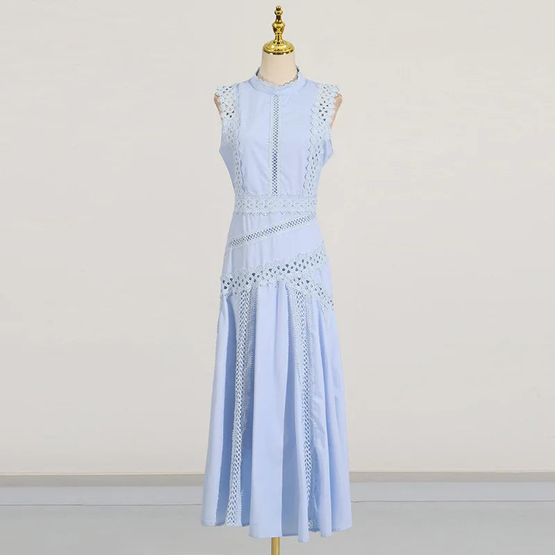 Fashion Solid Hollow Out Long Dresses Spring Women Sleeveless Stand Collar Slim Dress Summer High Waist Zipper Knee Length Dress